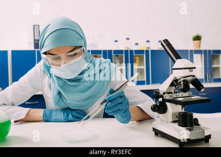 female scientist with a Petri dish sitting at a laboratory table Stock ...