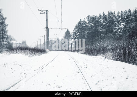 Winter landscape with an empty rural railway going through the forest Stock Photo