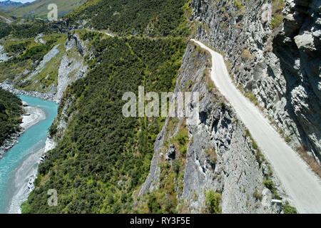 Road into Skippers Canyon, and Shotover River, near Queenstown, South Island, New Zealand - aerial Stock Photo