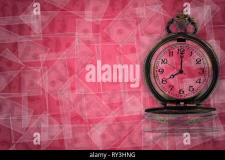 Antique clock on the dollar flying background. The concept of time and business. Stock Photo