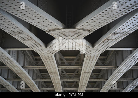 Steel beams on a railway bridge with steel plates and riveted connections. Landscape format. Stock Photo