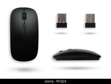 Black wireless mouse and USB wireless mouse transmitter on isolated white background with clipping path. Stock Photo