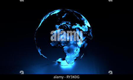 3D holographix globe with blue hue featuring Europe, Africa, Middle East Stock Photo