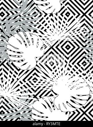 Tropical vector floral pattern with palm leaves, jungle leaf. Tropic monochrome background, black and white illustration. Stock Vector