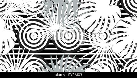 Tropical seamless vector floral pattern with palm leaves, jungle leaf. Tropic monochrome background, black and white illustration. Stock Vector