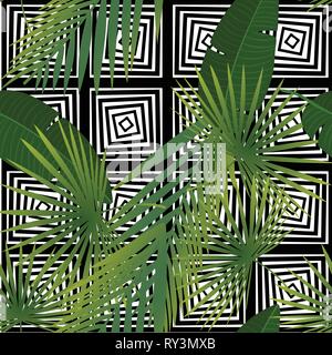 Beautiful tropical abstract color and green palm leaves seamless vector pattern on a background of geometric diagonal black and white lines Stock Vector