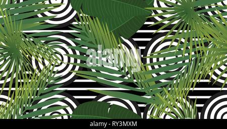 Beautiful tropical abstract color and green palm leaves seamless vector pattern on a background of geometric diagonal black and white lines Stock Vector