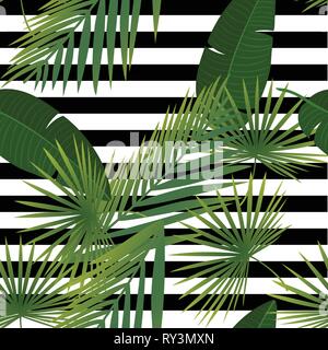 Beautiful tropical abstract color and green palm leaves seamless vector pattern on a background of geometric diagonal black and white lines Stock Vector
