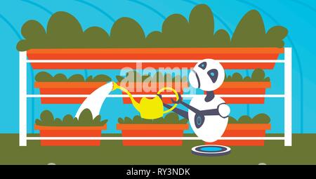 cute robot gardener watering plants in greenhouse modern farm interior organic farming artificial intelligence technology concept flat horizontal Stock Vector