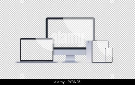 realistic electronic devices mockup set laptop monitor tablet and smartphone with empty blank screen digital technology concept transparent background Stock Vector