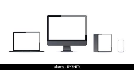 realistic electronic devices mockup set laptop monitor tablet and smartphone with empty blank screen digital technology concept white background Stock Vector