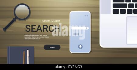 mobile app browsing online search concept top angle view workplace desktop with laptop smartphone screen office stuff horizontal copy space Stock Vector