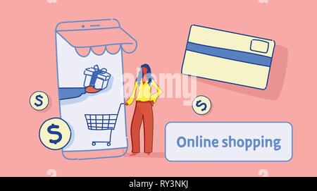 woman using mobile application online market shopping concept female customer holding trolley card smartphone screen sketch flow style full length Stock Vector