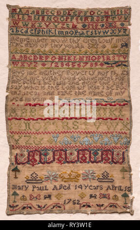 Sampler, 1752. England, 18th century. Embroidery; silk and wool on linen; overall: 33 x 20.4 cm (13 x 8 1/16 in Stock Photo