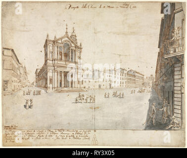Eighteen Views of Rome: Santa Maria in Via Lata, 1665. Lievin Cruyl (Flemish, c. 1640-c. 1720). Pen and brown ink and brush and gray wash over graphite; framing lines in brown ink; sheet: 38.8 x 49 cm (15 1/4 x 19 5/16 in Stock Photo