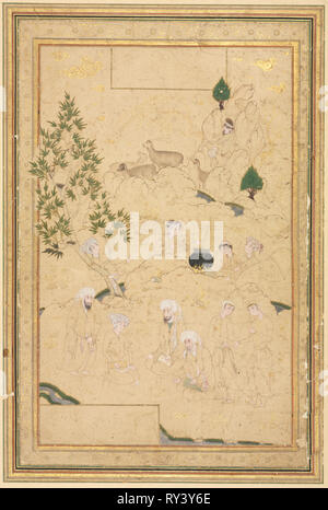 Picnic in the Mountains; Single Page Illustration, c. 1550-1600. Style of Muhammadi (Iranian). Ink and opaque watercolor on paper; overall: 28.6 x 19 cm (11 1/4 x 7 1/2 in Stock Photo