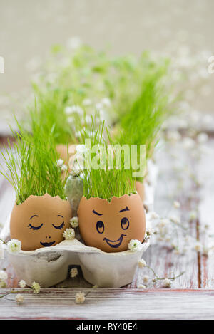 The fresh green grass growing in an egg shell with the funny persons drawn on it Stock Photo