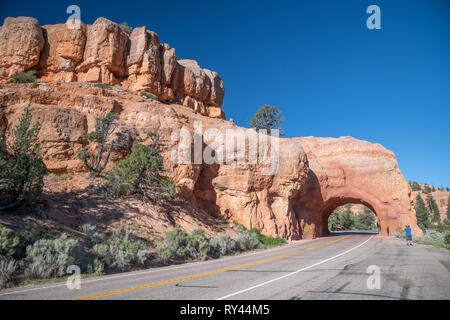 Entrance arch of Bryce Canyon National Park with photographer, Utah. Stock Photo