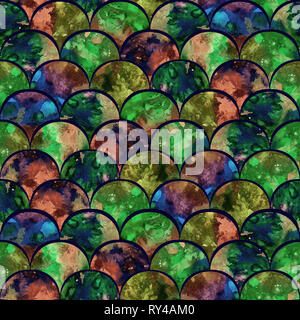 Bright scales shapes abstract grunge colorful splashes texture watercolor seamless pattern design in dark green, red, blue colors palette with black o Stock Photo