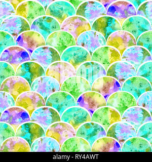 Bright scales shapes abstract grunge colorful splashes texture watercolor seamless pattern design in green and blue colors palette Stock Photo