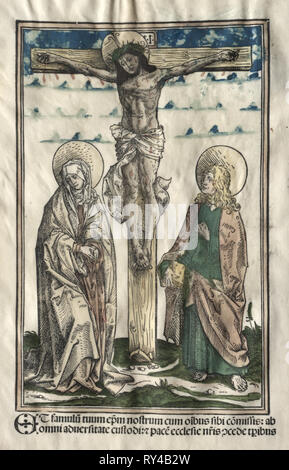 Christ on the Cross between Mary and John, 1502. Hans Burgkmair (German, 1473-1531). Woodcut Stock Photo