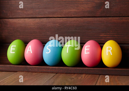 Painted eggs with letters arranged in word Easter Stock Photo