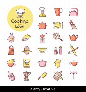 Set of pixel-perfect colorful kitchen icons, isolated on the white background. Stock Vector