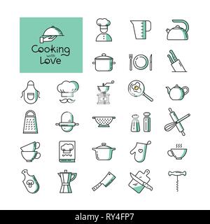 Set of pixel-perfect two colors kitchen icons in the line style isolated on the white background. Stock Vector