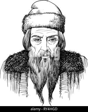 Johannes Gutenberg portrait in line art illustration. First printer, publisher of the first European Bible. Stock Vector
