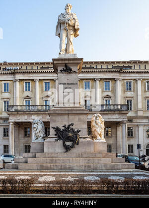 BERGAMO, ITALY - FEBRUARY 19, 2019: monument to Vittorio Emanuele II in front of Palazzo Uffici of the Municipality of Bergamo on square Piazza Giacom Stock Photo