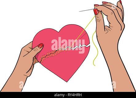 Stitching up the torn heart with needle and thread Stock Vector
