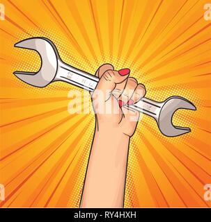 Woman holding up a wrench for protest Stock Vector