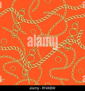 Abctract seamless pattern with chain on orange background for fabric. Trendy repeating background. Stock Vector