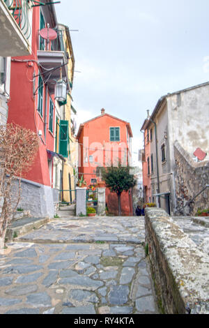 Old center of Porto Venere in Liguria, with its colorful houses and narrow streets Stock Photo