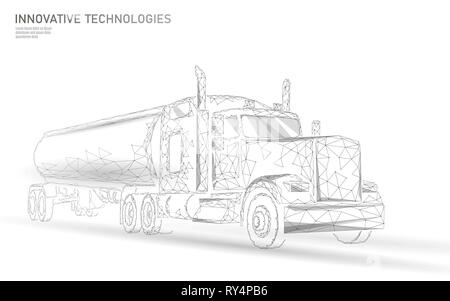 American truck low poly. Logistic transportation business trailer. Fast speed industry cargo delivery big heavy vehicle perspective view on highway Stock Vector