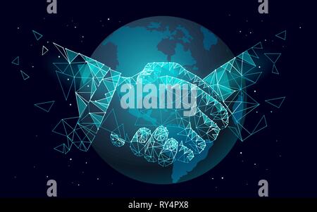 Global handshake business agreement. Low poly polygonal triangle professional work planet Earth partnership. Office succsesfull teamwork vector Stock Vector
