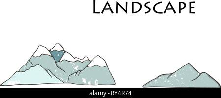 Mountain icons or logotypes. Vector illustration of mountains landscape isolated on white background. Hand drawn clip art grunge style texture. Alps Stock Vector