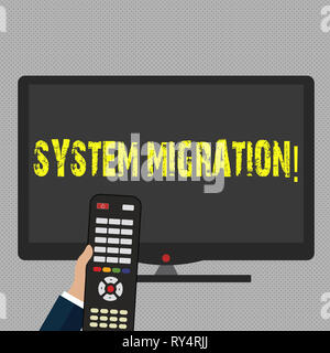 Writing note showing System Migration. Business concept for Moving programs to another platform Stock Photo