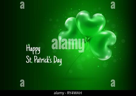 Happy St. Patricks Day Text Greeting with Green Shamrock Clover Balloons on Dark Green Gradient Background Vector Stock Vector