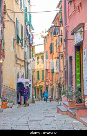 At Portovenere, Italy - On 30/03/2018 - Old center of Porto Venere in Liguria, with its colorful houses and narrow streets Stock Photo