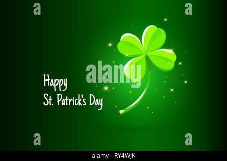 Happy St. Patricks Day Text Greeting with Green in Bright Light Lucky Four Leaves Clover on Dark Green Gradient Background Vector illustration Stock Vector