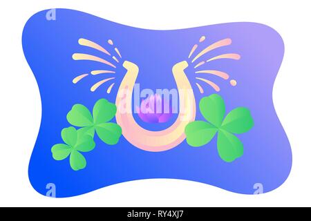Luck Concept. Fortune Metaphor. The Lucky Horseshoe Glitters and Sparkles next to the four-leafed clover leaves on a gradient Synthwave background. Ve Stock Vector