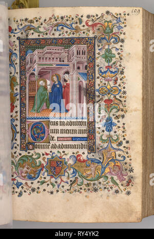 Hours of Charles the Noble, King of Navarre (1361-1425): fol. 55r, The Visitation (Lauds), c. 1405. Master of the Brussels Initials and Associates (French). Ink, tempera, and gold on vellum; codex: 19.4 x 13.7 cm (7 5/8 x 5 3/8 in Stock Photo