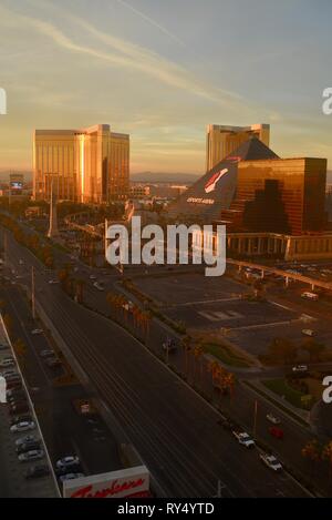 Aerial golden sunrise on Las Vegas strip near Luxor, Mandalay Bay, Delano and Excalibur, featuring HyperX Esports Arena for gamers, Las Vegas,  USA Stock Photo