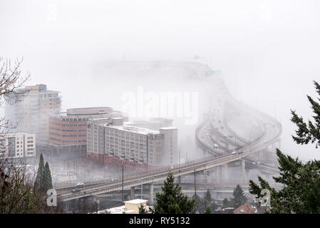 Interstate 5 - Marquam Bridge and fog, Portland Oregon. Stock Photo