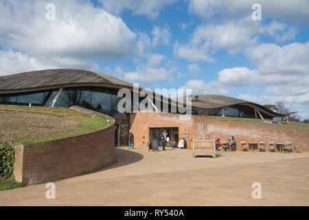 The Savill building, entrance to Savill Garden (gardens) with a restaurant, café and shop, in Windsor Great Park, UK Stock Photo