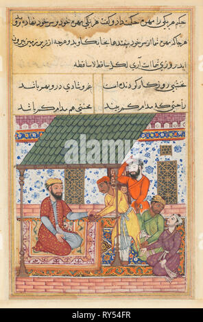 Page from Tales of a Parrot (Tuti-nama): Forty-seventh night: The four destitute friends go to a wise man who gives each one of them a magic shell to be placed on top of the turban, c. 1560. India, Mughal, Reign of Akbar, 16th century. Opaque watercolor, ink and gold on paper Stock Photo