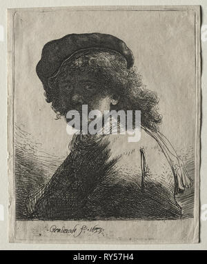 Self-Portrait in a Cap and Scarf with the Face Dark: Bust, 1633. Rembrandt van Rijn (Dutch, 1606-1669). Etching; platemark: 13 x 10.3 cm (5 1/8 x 4 1/16 in Stock Photo