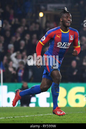 LONDON, ENGLAND - FEBRUARY 27, 2019: Michy Batshuayi-Atunga of Palace reacts after a goal scored by his team during the 2018/19 Premier League game between Crystal Palace FC and Manchester United at Selhurst Park. Stock Photo