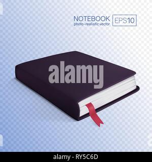 Realistic black book with bookmark. Vector illustration isolated on transparent background. This black notebook can be placed on any background. Stock Vector